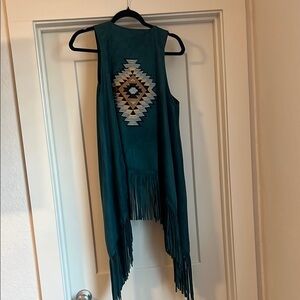 Teal Fringe Vest with Southwestern Embroidery